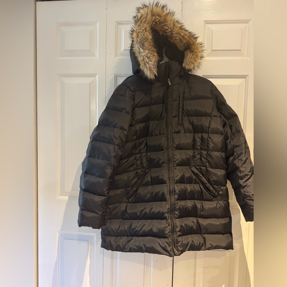 Lands' End Black Down Coat with Fur Trim - Picture 1 of 8